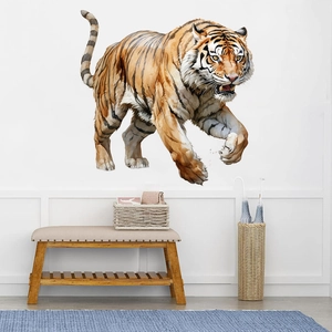 Detailed realistic tiger wall sticker shown on a white wall in a modern home living room