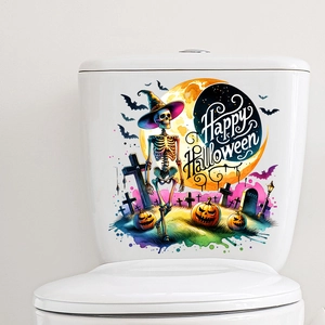 Detail of Halloween toilet decal with watercolor skeleton, pumpkin, and bats on white tank