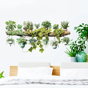 Detailed wall sticker showing tropical plants in pots on a rustic wooden log stand