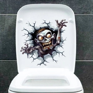 3D realistic zombie breaking through wall waterproof sticker on a white toilet cover