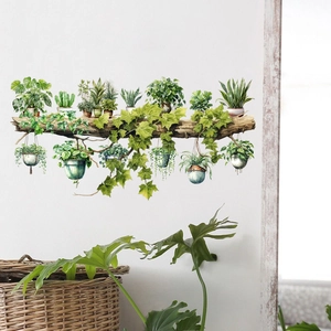 Detailed wall sticker featuring realistic hanging plants and tree branch on white wall