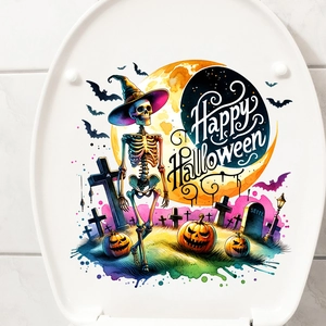 Detail of Halloween toilet lid sticker featuring a skull with witch hat and bats