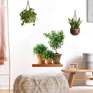 Detail of waterproof PVC wall stickers showing hanging plants and potted greenery decor