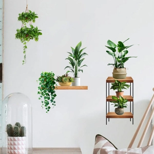 Self-adhesive wall stickers with potted green plants and tiered hanging shelf design