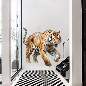 Realistic tiger wall sticker with vibrant orange and black stripes in a modern hallway