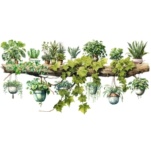 Detail of watercolor self-adhesive wall stickers with various hanging potted green plants