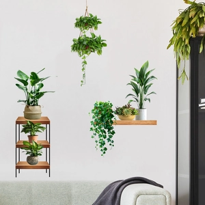 Self-adhesive wall stickers of potted plants and hanging baskets for living room decor