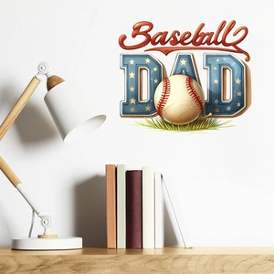 Detail of Baseball DAD wall sticker shown above a wooden desk with a lamp and books