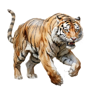 Detailed watercolor art of a fierce walking tiger with sharp eyes and realistic fur texture
