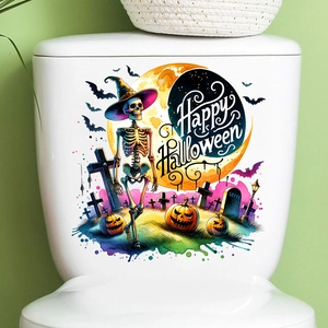 Waterproof Halloween toilet lid sticker featuring skull, pumpkin, and bats on ceramic tank
