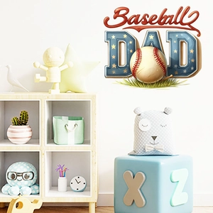 Macro detail of Baseball DAD wall sticker featuring 3D baseball and stars in a cozy room