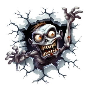 Detail of 3D Halloween skull sticker featuring a zombie monster breaking through wall