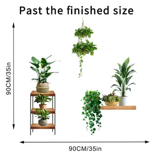 Size chart showing finished 90cm green potted plants wall sticker layout for home decor
