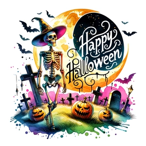 Detailed Halloween wall decal featuring watercolor skull, bat and pumpkin on white background