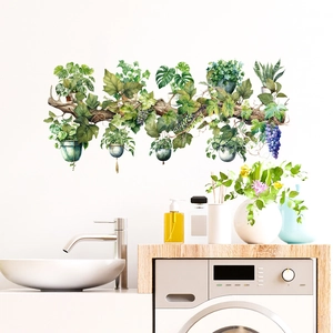 Watercolor green plant wall decals featuring hanging baskets and vines for home decoration