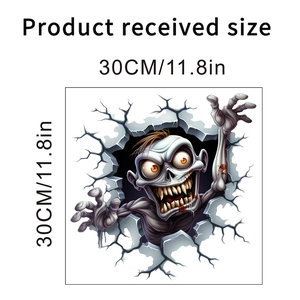 Detailed 30cm product size view of a 3D zombie wall sticker emerging from cracked surface