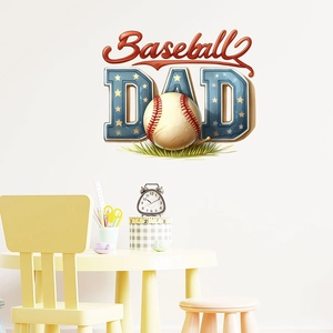 Detailed baseball dad wall decal featuring a realistic ball and stars on a white wall