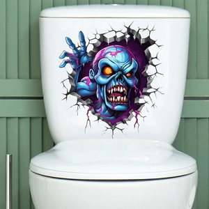Detailed view of 3D zombie wall sticker on white toilet tank for Halloween decor