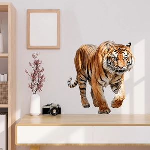 Detailed realistic tiger wall sticker in living room with soft shadows and furniture