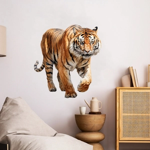 Detailed 3D visual effect of a realistic tiger wall sticker in a modern living room setting