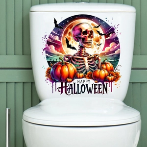 Detail showing spooky Halloween toilet sticker with skulls, pumpkins and bats for bathroom décor