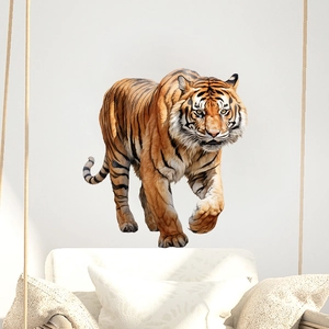 Detailed 3D realistic walking tiger wall sticker applied on a white living room wall