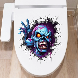 Macro detail of 3D Halloween zombie sticker showing realistic texture on white toilet lid