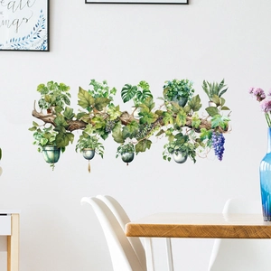 Detailed watercolor wall sticker featuring lush green plants and purple grapes on a branch