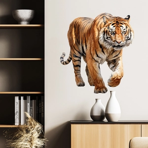 Realistic walking tiger wall sticker with detailed fur texture on home living room wall