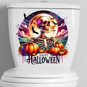 Close-up of Halloween toilet sticker with skull pumpkin and bat motifs on white tank