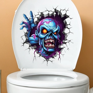 3D hole effect toilet sticker showing a blue zombie with glowing eyes on a white lid