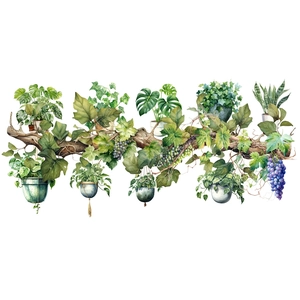 Detailed watercolor wall sticker featuring hanging potted plants and ivy on a branch