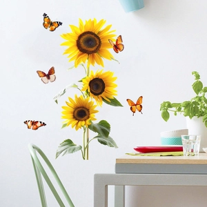 Vibrant sunflower and butterfly wall stickers applied on a modern minimalist living room wall