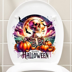 Detail of Halloween toilet lid sticker featuring ghosts, pumpkins and spooky graveyard motifs