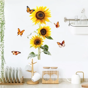 Waterproof sunflower and butterfly wall stickers in a bright, modern kitchen setting