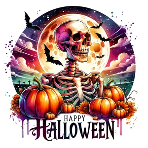 Detail of Halloween toilet sticker with skeleton, pumpkin, and sunflower watercolor design