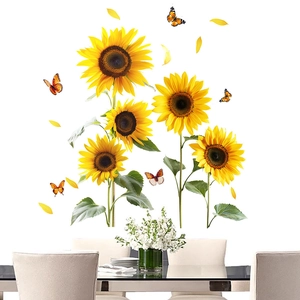 Realistic sunflower and butterfly wall stickers applied in a modern minimalist dining room