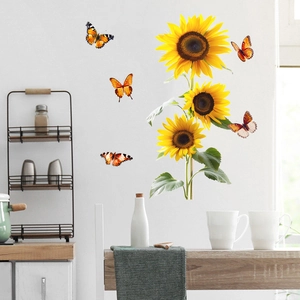 Vibrant sunflower and monarch butterfly waterproof PVC wall stickers for kitchen decor