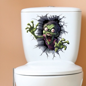 Macro detail of 3D zombie wall sticker on toilet tank with vivid cracked brick effect