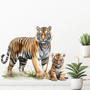 Realistic watercolor tiger wall sticker showing a mother tiger and cub in a modern living room