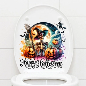 Close-up of Halloween toilet seat stickers with skeletons, pumpkins, and witch motifs