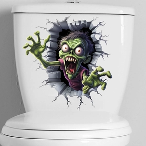Detailed close-up of a 3D green zombie wall sticker applied to a white toilet tank