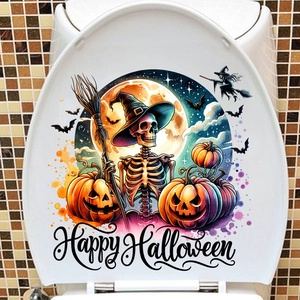 Waterproof Halloween toilet lid sticker with skull, pumpkins and bats on white background