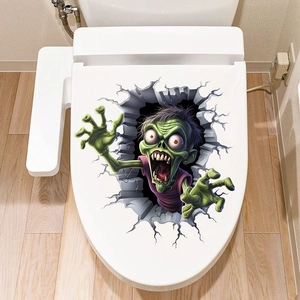 Close-up of 3D zombie wall sticker on a white toilet lid for Halloween bathroom decor