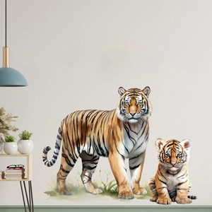 Realistic tiger and cub watercolor wall sticker in a modern living room setting