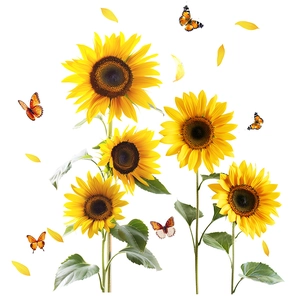 Self-adhesive sunflower wall decals with green leaves and butterflies for home decor