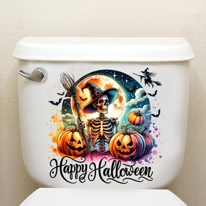 Detail of waterproof Halloween toilet stickers with skull, pumpkin, and bat illustrations