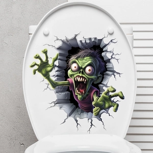 Detail of 3D zombie wall sticker on toilet lid with realistic cracked wall effect