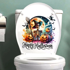 Detail of Halloween toilet sticker with skulls, pumpkins, and bats on white background