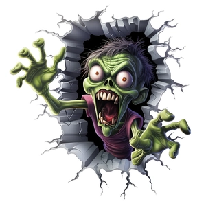 Macro detail of 3D zombie skull breaking through wall for Halloween sticker art